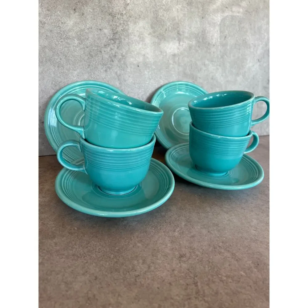 Fiestaware vintage turquoise blue teacup & saucer plate set lot 8 pieces aqua